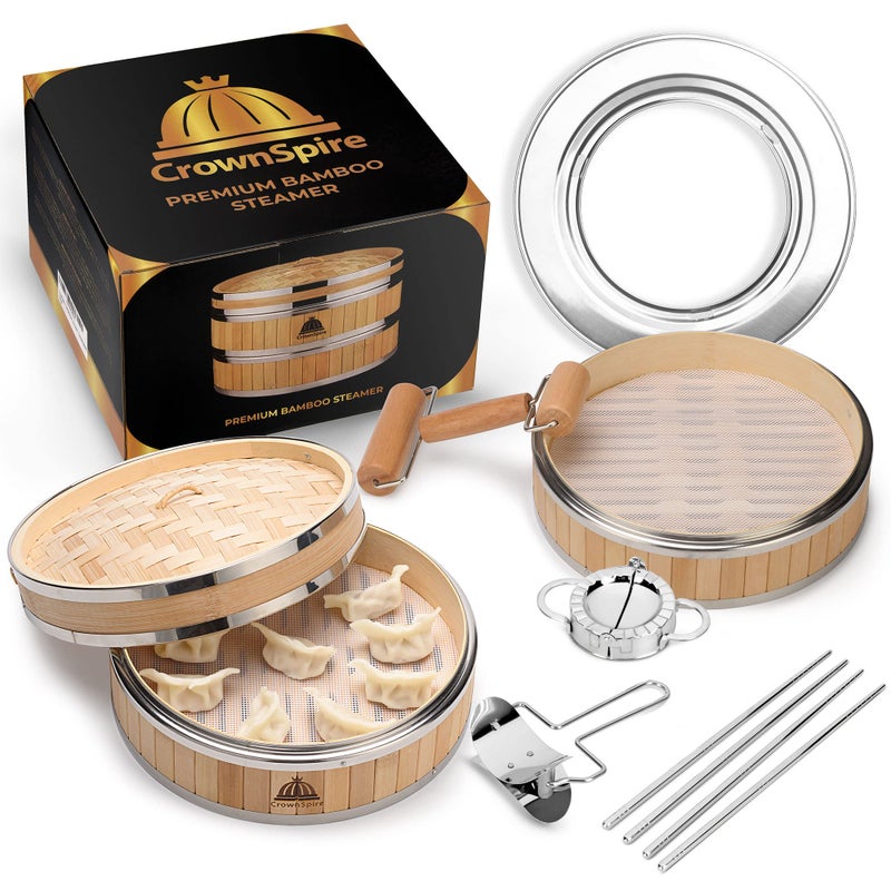 CROWNSPIRE 2 Tier Bamboo Steamer | Bamboo Steamer Basket with Reusable Silicone Liner | Food Dim Sum Kit for Cooking Baby Bao Bun, Rice, Vegetable, Fish and Meat - Image 1