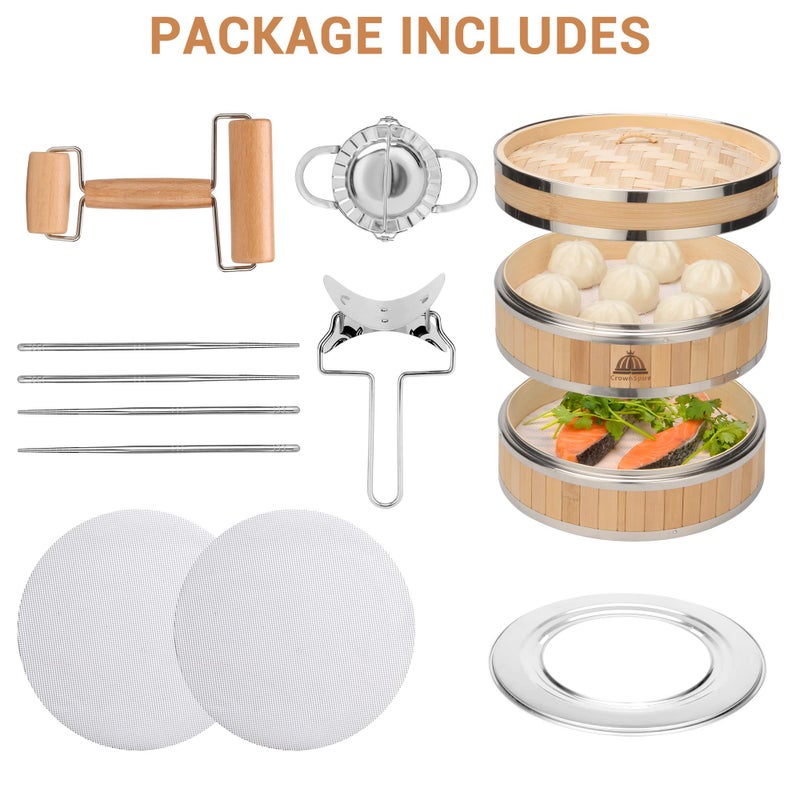 CROWNSPIRE 2 Tier Bamboo Steamer | Bamboo Steamer Basket with Reusable Silicone Liner | Food Dim Sum Kit for Cooking Baby Bao Bun, Rice, Vegetable, Fish and Meat - Image 4