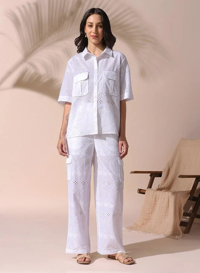 Dennis Lingo Women'S White Cotton Blend Embroidered Button Down Full Length Casual Relaxed Co Ords