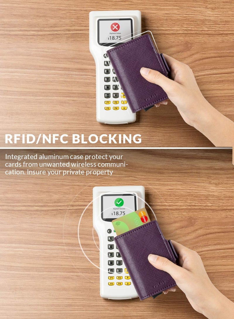 VULKIT حامل بطاقات الائتمان VULKIT مع حماية RFID من الجلد محفظة تلقائية قابلة للفتح محفظة مغناطيسية حافظة بطاقتين للرجال والنساء لون كروس واين - Image 3