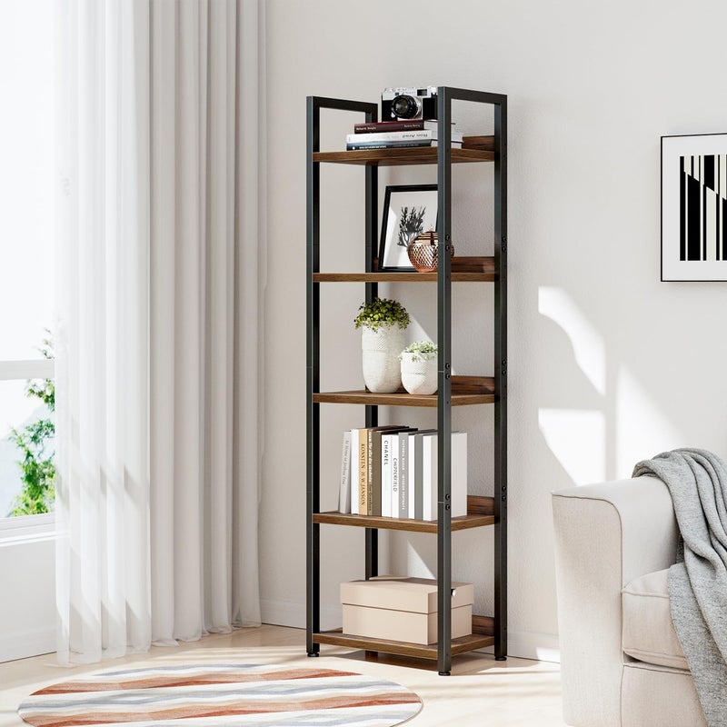 NUMENN Narrow Bookshelf, 5 Tier Bookshelves, Home Office Bookcase Shelf Storage Organizer, Free Standing Storage Shelving Unit for Bedroom, Living Room and Home Office, Vintage - Image 3