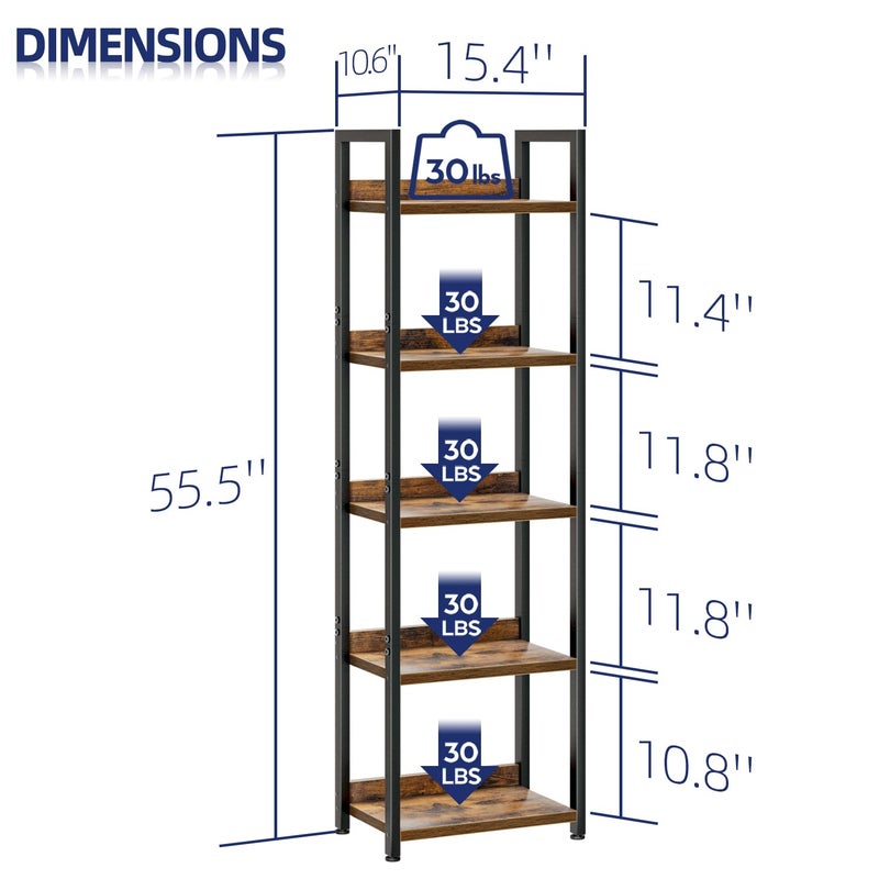 NUMENN Narrow Bookshelf, 5 Tier Bookshelves, Home Office Bookcase Shelf Storage Organizer, Free Standing Storage Shelving Unit for Bedroom, Living Room and Home Office, Vintage - Image 2
