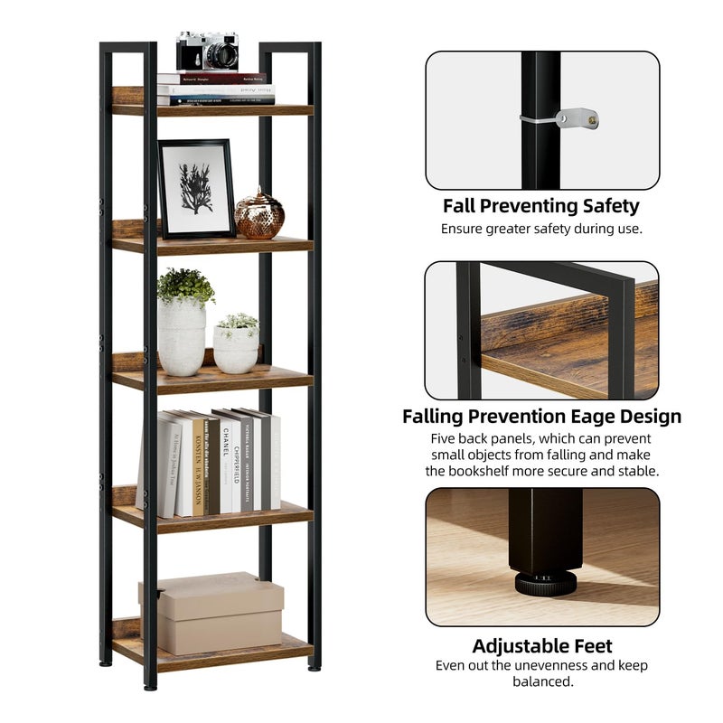 NUMENN Narrow Bookshelf, 5 Tier Bookshelves, Home Office Bookcase Shelf Storage Organizer, Free Standing Storage Shelving Unit for Bedroom, Living Room and Home Office, Vintage - Image 5