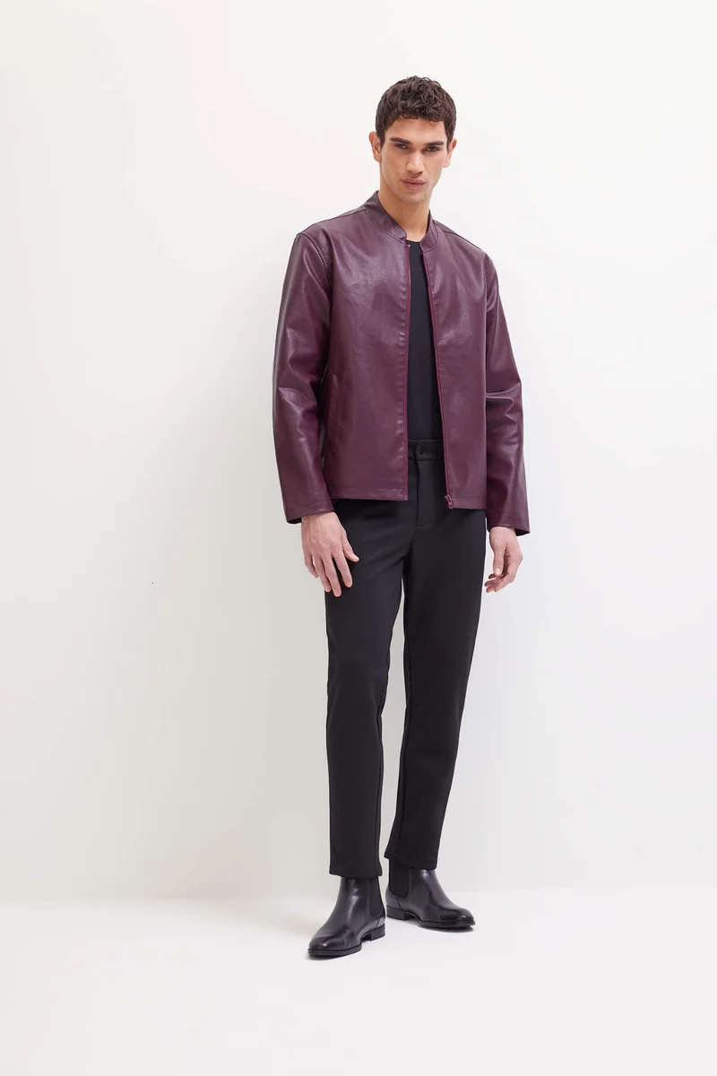 ديفاكتو Waterproof Slim Fit Stand Collar Zippered Faux Leather Jacket