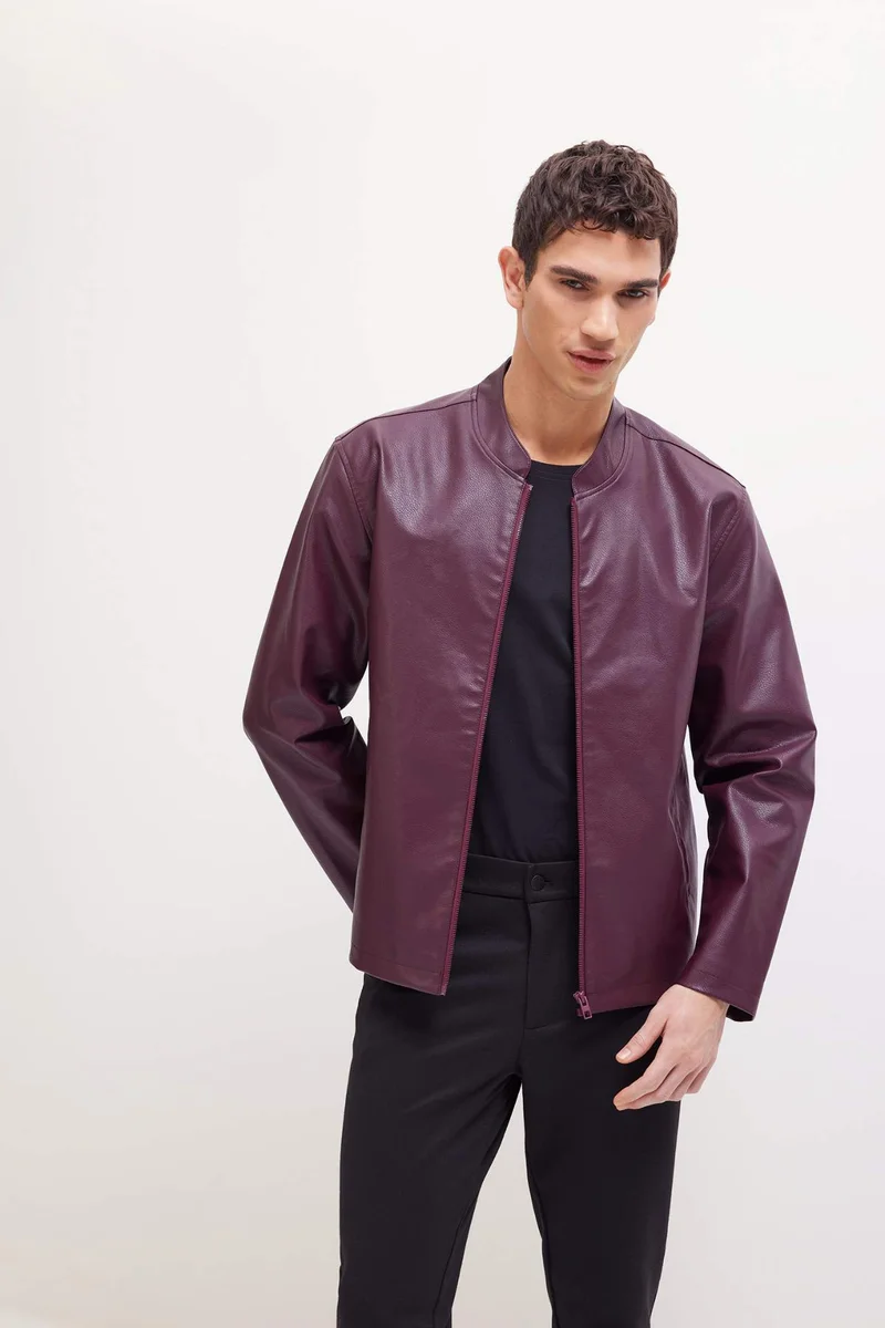 ديفاكتو Waterproof Slim Fit Stand Collar Zippered Faux Leather Jacket