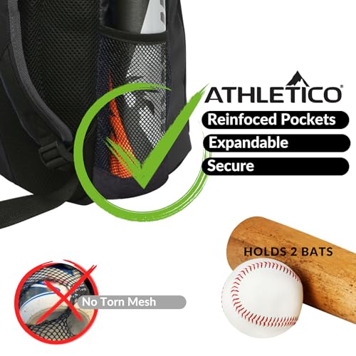 Athletico Youth Baseball Bag - Bat Backpack for Baseball, T-Ball & Softball Equipment & Gear | Holds Bat, Helmet, Glove | Fence Hook (Black) - Image 4