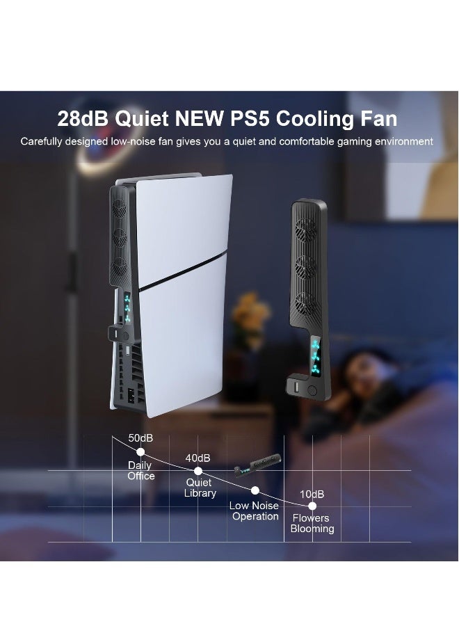 Loquat Cooling Fan for New PS5 Slim, Efficient Quiet PS5 Slim Cooler with 3 Fan Speeds, USB 3.0 Port, Accessories for PlayStation 5 Slim Digital/Disc Version Cooler with LED Light