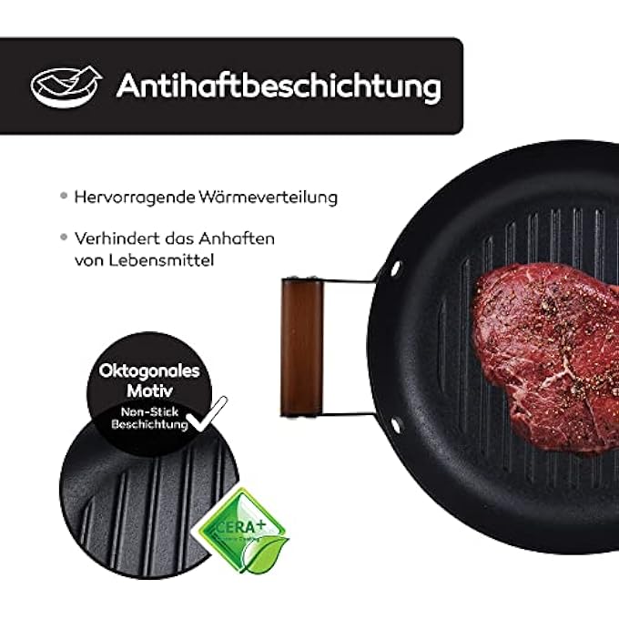 MasterPro Odin  28 Cm Round Grill NonStick Ergonomic Acacia Wood Handles Ideal For Barbecue Cooking Compatible With Induction And Oven Without Toxic Products - Image 4