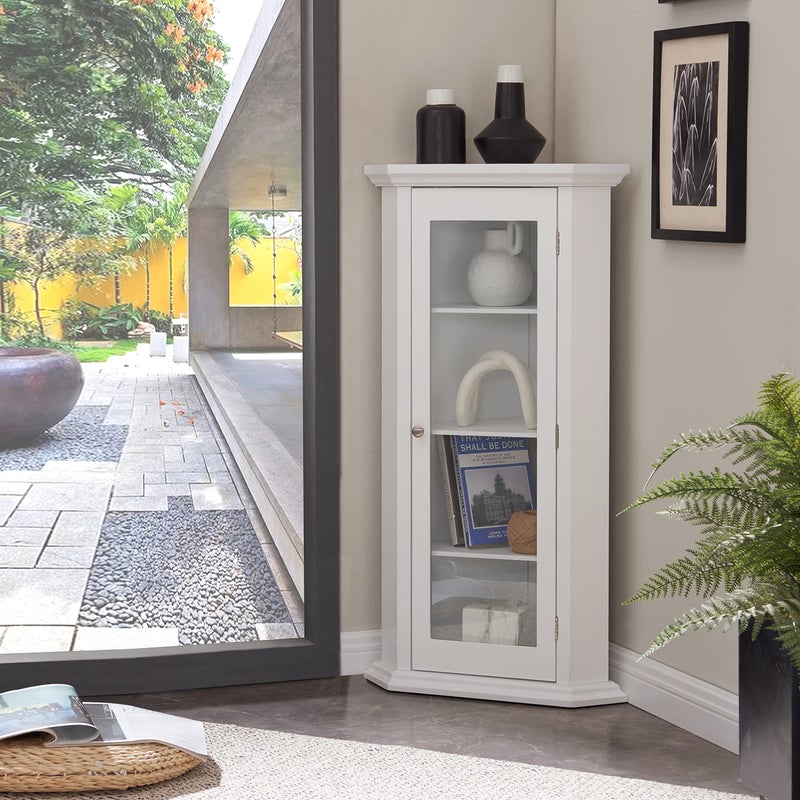 Kings Brand Furniture Kings Brand Furniture  Corner Curio Storage Cabinet with Glass Door White Finish