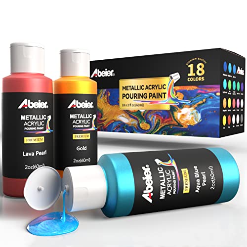ABEIER Metallic Acrylic Pouring Paint Set - Set of 18 Metallic Colors - Pre-Mixed High Flow & Ready to Pour - 2 oz./ 59 ml Bottles - Multi-purpose Paints for Canvas & Paper, Rocks, Wood and More - Image 1