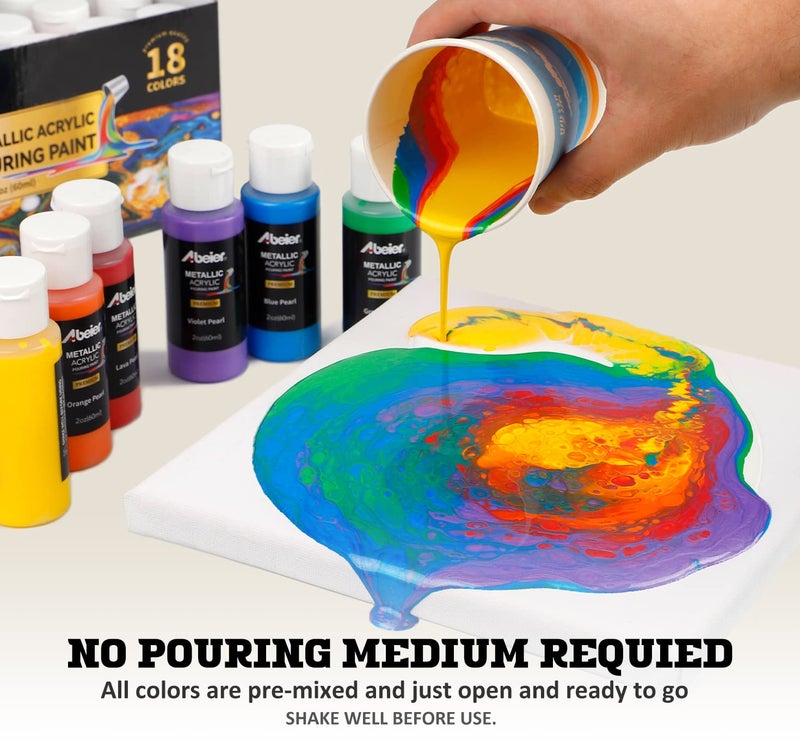 ABEIER Metallic Acrylic Pouring Paint Set - Set of 18 Metallic Colors - Pre-Mixed High Flow & Ready to Pour - 2 oz./ 59 ml Bottles - Multi-purpose Paints for Canvas & Paper, Rocks, Wood and More - Image 5