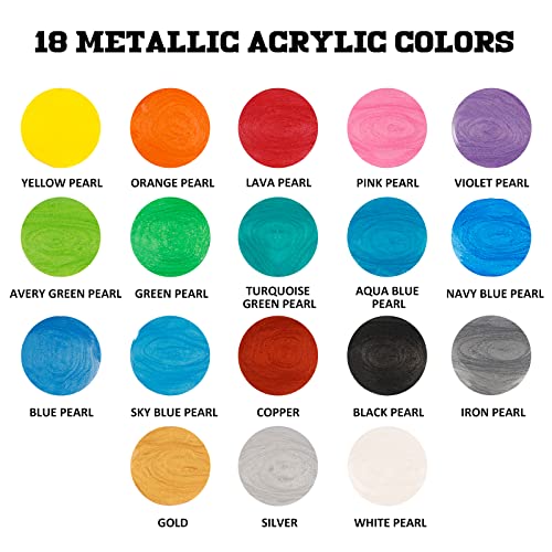 ABEIER Metallic Acrylic Pouring Paint Set - Set of 18 Metallic Colors - Pre-Mixed High Flow & Ready to Pour - 2 oz./ 59 ml Bottles - Multi-purpose Paints for Canvas & Paper, Rocks, Wood and More - Image 2