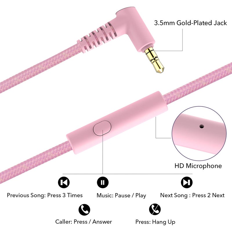RORSOU R10 On-Ear Headphones with Microphone, Lightweight Folding Stereo Bass Headphones with 1.5M No-Tangle Cord, Portable Wired Headphones for Smartphone Tablet Computer MP3 / 4 (Pink) - Image 5