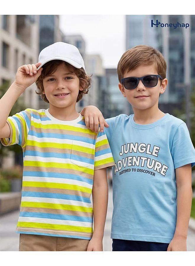 Honeyhap Honeyhap Premium 100% Cotton Knit Striped T-Shirts with Bio Finish & Text Print, Pack of 2 - Blue & White