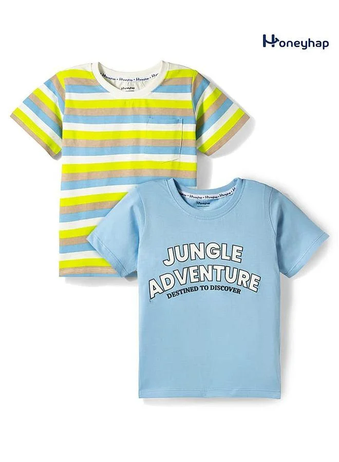 Honeyhap Honeyhap Premium 100% Cotton Knit Striped T-Shirts with Bio Finish & Text Print, Pack of 2 - Blue & White