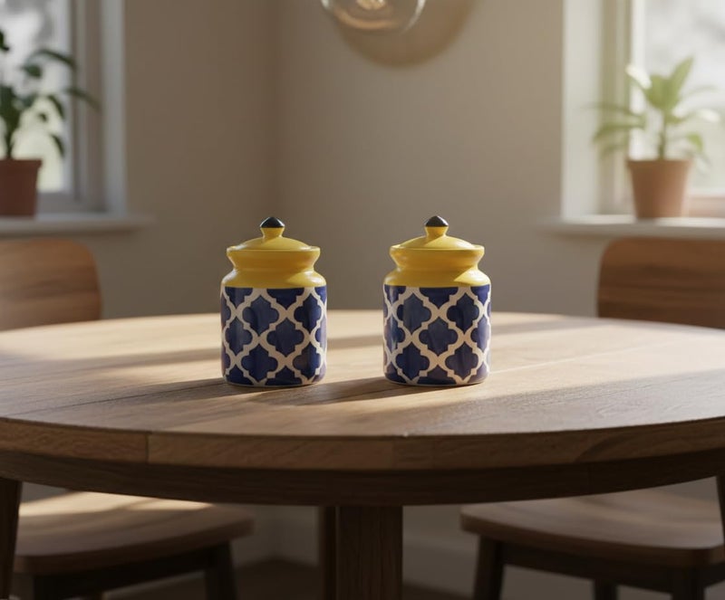 Caffeine Ceramic Stoneware Handmade Blue Umrao Martban Barni Pickle Jar Set of 2 Dishwasher & Microwave Safe with Lid Sugar Container 500ml - Image 2