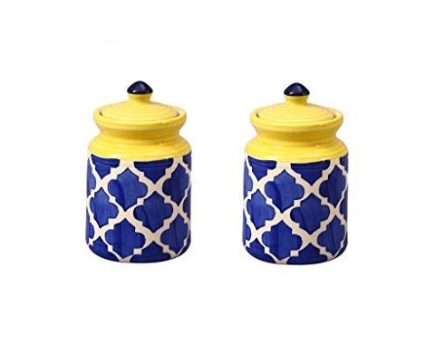 Caffeine Ceramic Stoneware Handmade Blue Umrao Martban Barni Pickle Jar Set of 2 Dishwasher & Microwave Safe with Lid Sugar Container 500ml - Image 4