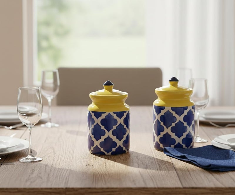 Caffeine Ceramic Stoneware Handmade Blue Umrao Martban Barni Pickle Jar Set of 2 Dishwasher & Microwave Safe with Lid Sugar Container 500ml - Image 1