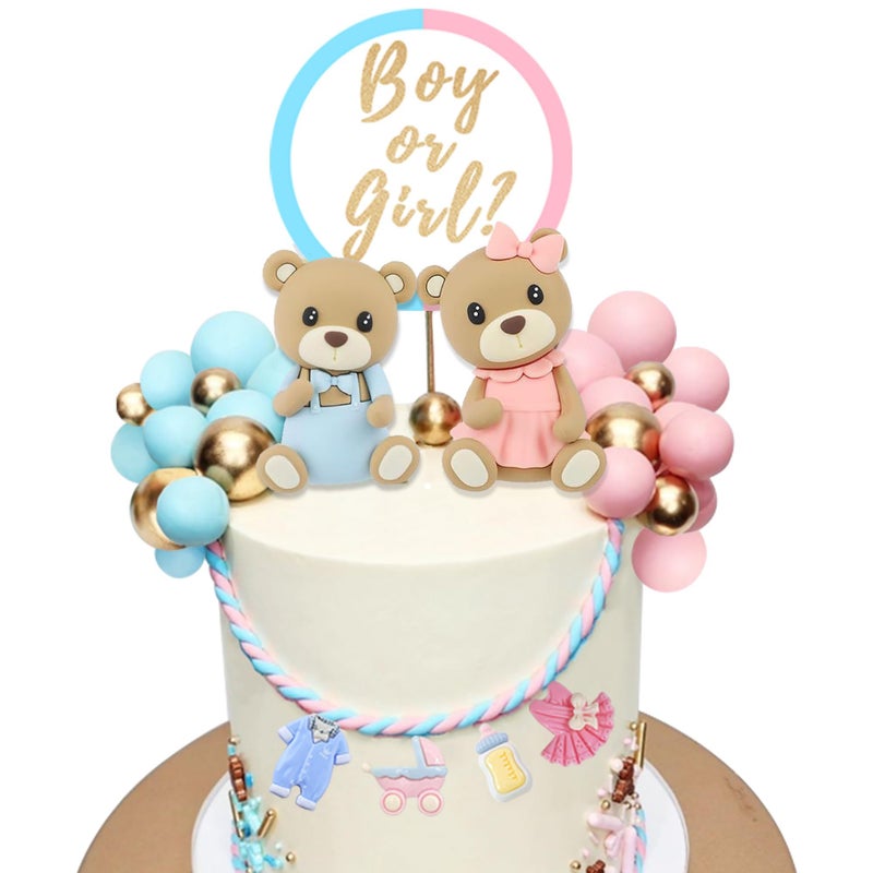 LEFUBABY Bear Cake Toppers Gender Reveal Balls Cake Decorations for Boy Girl Gender Reveal Baby Shower Party Supplies - Image 1