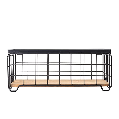 TIEYIPIN Metal Wire Storage Basket, Toilet Paper Roll Holder Wood Base Countertop Decor Box Toilet Tank Shelf Cabinet Organizer for Bathroom Pantry Garage Bedroom Livingroom (Black (2 Pack)) - Image 4