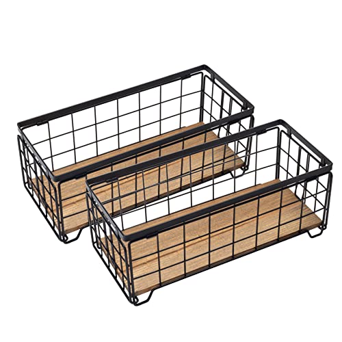 TIEYIPIN Metal Wire Storage Basket, Toilet Paper Roll Holder Wood Base Countertop Decor Box Toilet Tank Shelf Cabinet Organizer for Bathroom Pantry Garage Bedroom Livingroom (Black (2 Pack)) - Image 1
