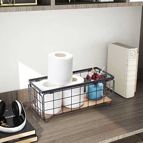 TIEYIPIN Metal Wire Storage Basket, Toilet Paper Roll Holder Wood Base Countertop Decor Box Toilet Tank Shelf Cabinet Organizer for Bathroom Pantry Garage Bedroom Livingroom (Black (2 Pack)) - Image 2