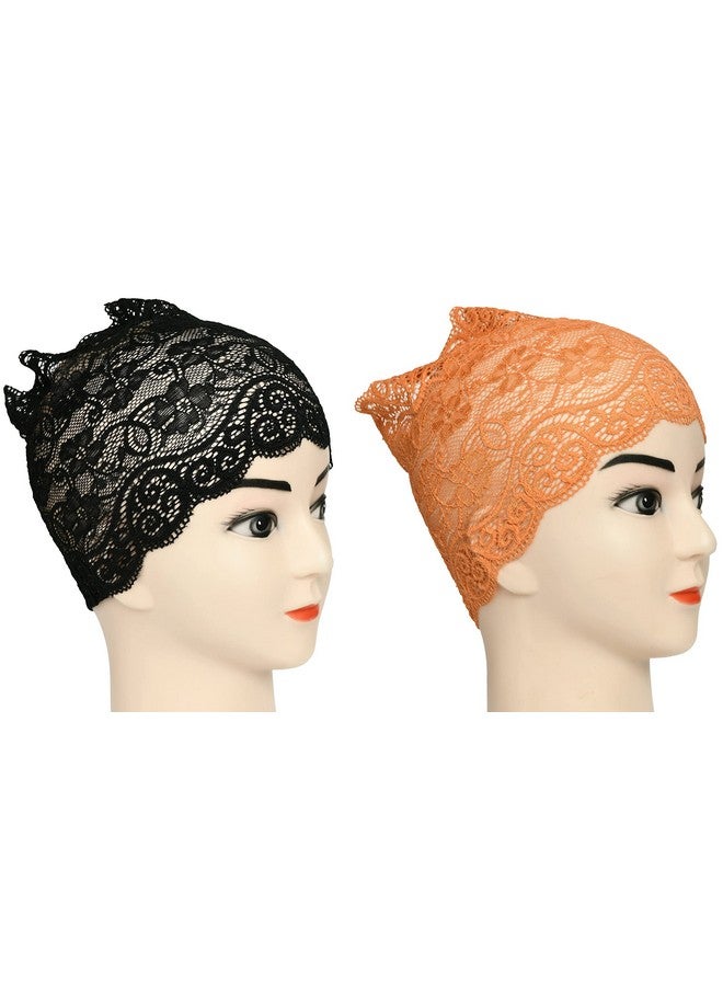 Girls and Womens Hijab Headband, Under Hijab Scarf Naqab Head Scarf (2 pcs) (Black & Orange) - Image 2