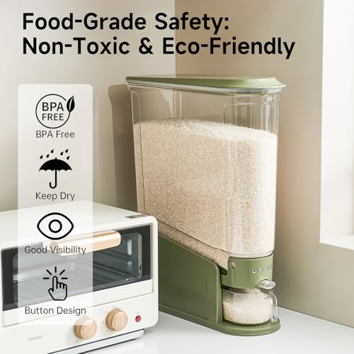 UFORU Rice Dispenser 22Lbs, Slim Rice Storage Container for Small Space, BPA-Free Clear Dry Food Dispenser Sealed Moisture Proof, Grain&Cereal Storage Bucket for Kitchen Pantry Household,Green - Image 2