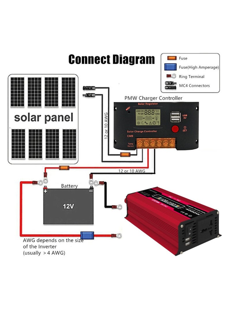 إسكدنيا 4000W العاكس موجة جيبية ، 12V إلى 110V / 220V ، مروحة سيارة / سيارة السفر في الهواء الطلق الأحمر - Image 2