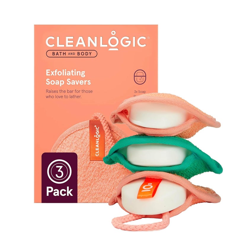 Clean Logic Bath & Body Exfoliating Soap Saver, Exfoliator Scrubber Pouch, Daily Skincare Routine for Smooth Clean Skin, Assorted Colors, 3 Count Value Pack - Image 1