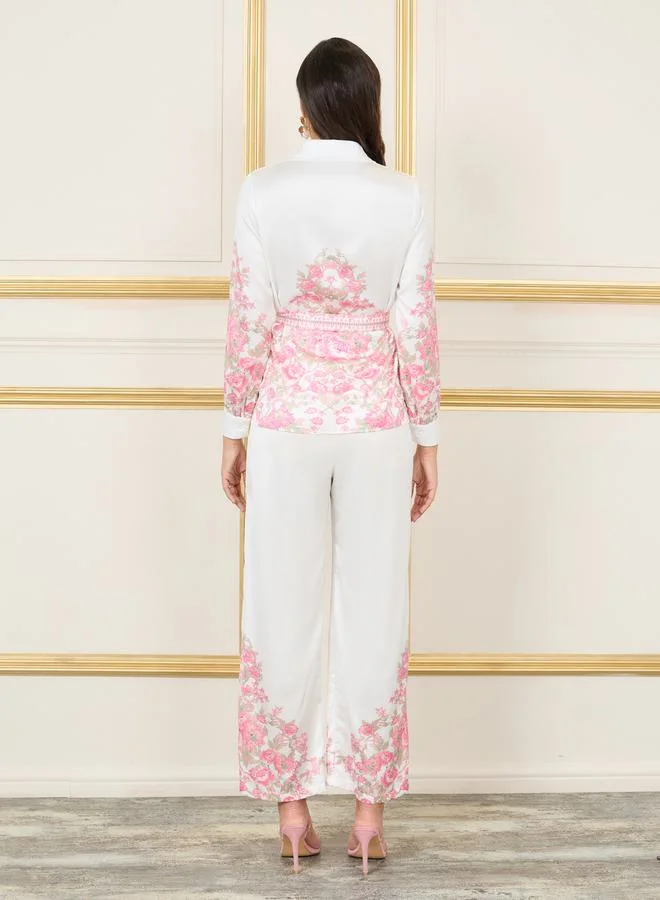 Styli Satin Floral Print Self Tie Up Shirt and Wide Leg Pant Set