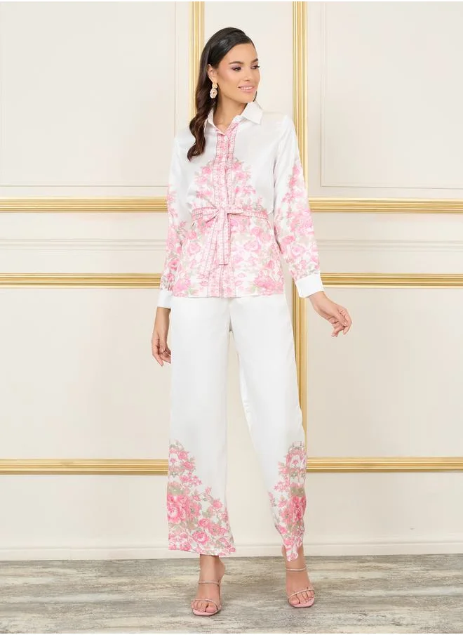 Styli Satin Floral Print Self Tie Up Shirt and Wide Leg Pant Set