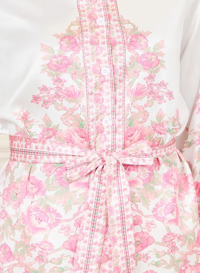 Styli Satin Floral Print Self Tie Up Shirt and Wide Leg Pant Set