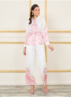 Styli Satin Floral Print Self Tie Up Shirt and Wide Leg Pant Set  - Image 1