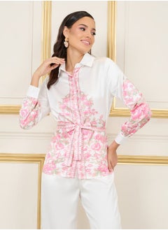 Styli Satin Floral Print Self Tie Up Shirt and Wide Leg Pant Set  - Image 2