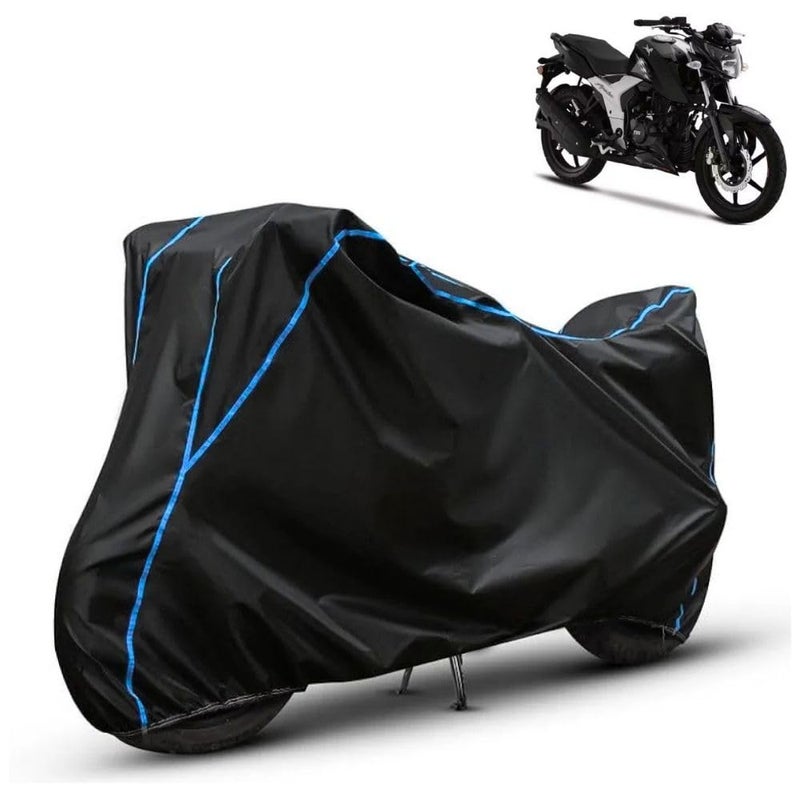 FAVY Water Resistant Bike Cover Compatible with TVS Apache RTR 160, Rain, UV, and Dust Proof, All-Weather Proof Full Body Bike Cover, Black with Blue Piping, Triple Stitched with Elastic Bottom - Image 1
