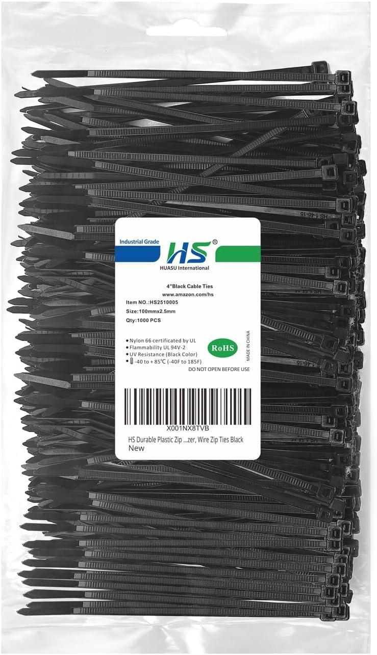 HS رباطات بلاستيكية متينة بطول 4 بوصات (عبوة كبيرة - 1000 قطعة) ربطات صغيرة رفيعة 18 رطل ذات قفل ذاتي من النايلون لتنظيم الإلكترونيات، روابط سلكية سوداء مقاومة للأشعة فوق البنفسجية - Image 1