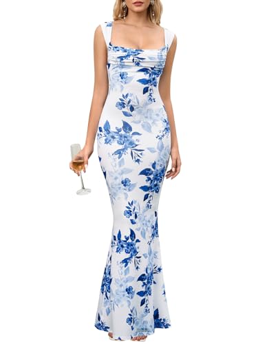 HTZMO Women Floral Wedding Guest Bodycon Maxi Dress Summer Cowl Neck Formal Party Elegant Long Dresses 2026 BlueFloral M - Image 1