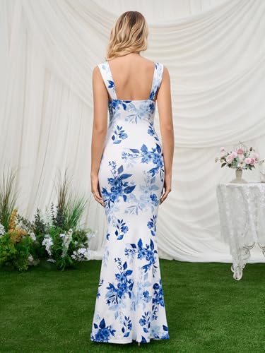 HTZMO Women Floral Wedding Guest Bodycon Maxi Dress Summer Cowl Neck Formal Party Elegant Long Dresses 2026 BlueFloral M - Image 4