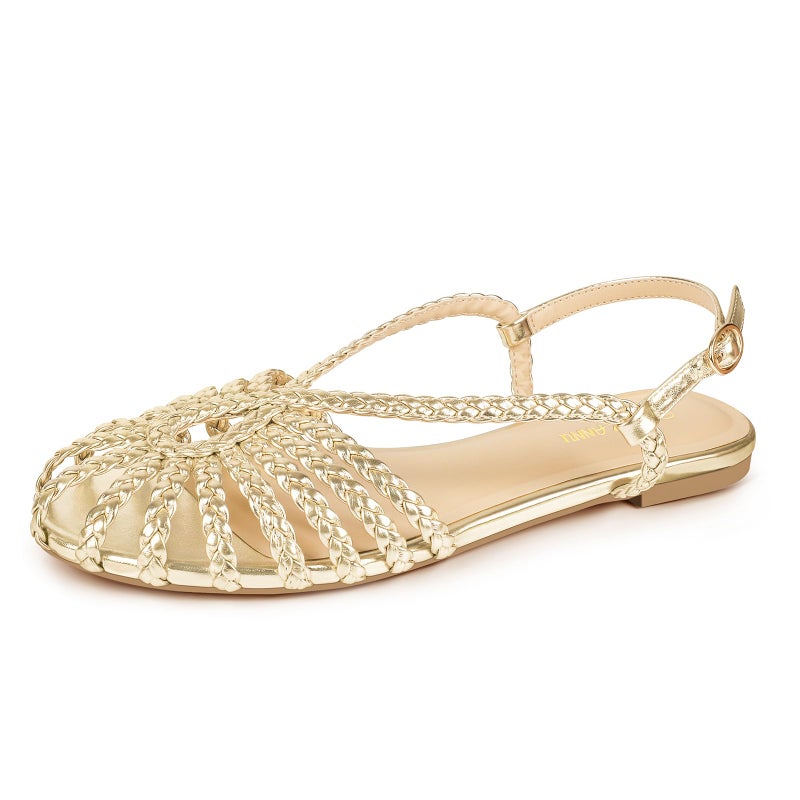 PIZZ ANNU Women's Sophia Braided Flat Sandals Comfortable Memory Foam Walking Shoes Summer Gladiator Slingback Ankle Strap Strappy Sandals, Gold 8 - Image 1