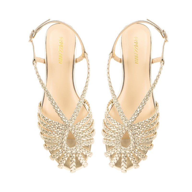 PIZZ ANNU Women's Sophia Braided Flat Sandals Comfortable Memory Foam Walking Shoes Summer Gladiator Slingback Ankle Strap Strappy Sandals, Gold 8 - Image 4