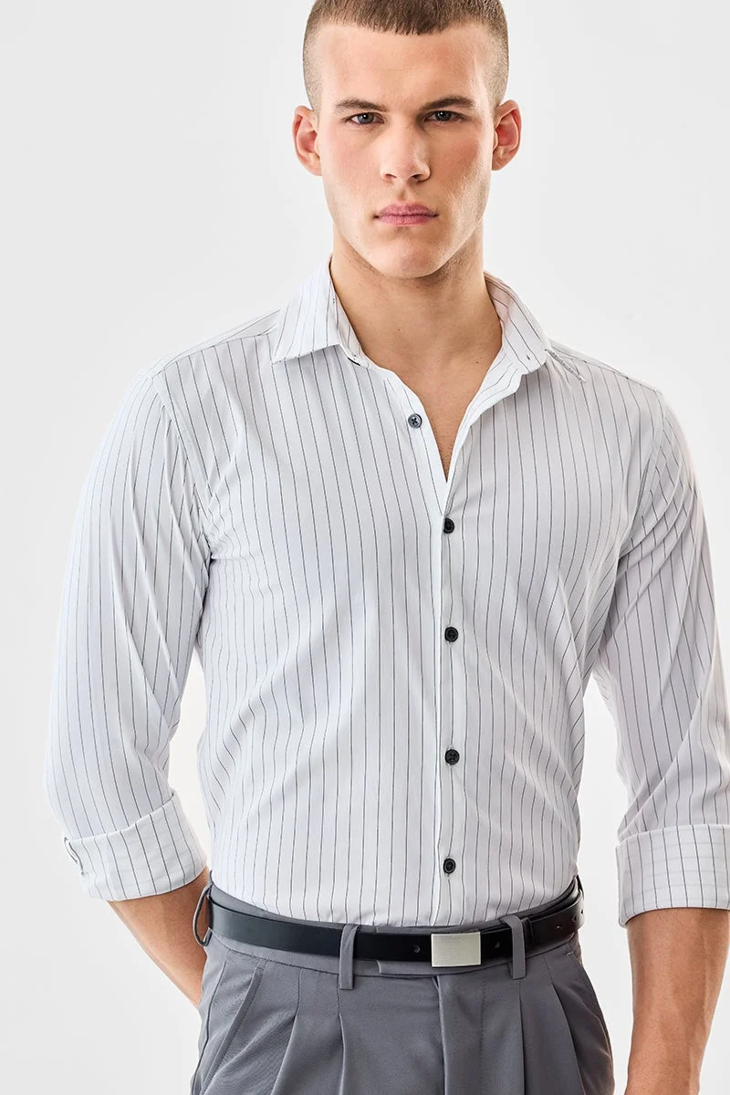 سنيتش White Striped Long Sleeve Slim Fit Formal Luxe Shirt