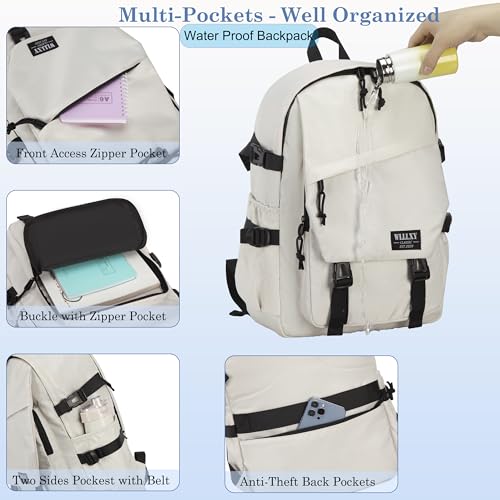 Hidds College Laptop Backpack for Men Women 15.6 Elementary Middle High School Book Bag For Teens Girls Boys Anti Theft Travel Backpacks Waterproof Casual Daypack Large Student Bookbags（Beige-M） - Image 5