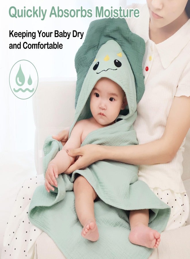 Unicorn Castle Hooded Baby Towels 2Pack 100% Muslin Baby Bath Towels for Newborn Animal Design Ultra-Soft Baby Girl Boy Bath Essentials 30 X 30 Inch,Green Dinosaur - Beige - Image 3