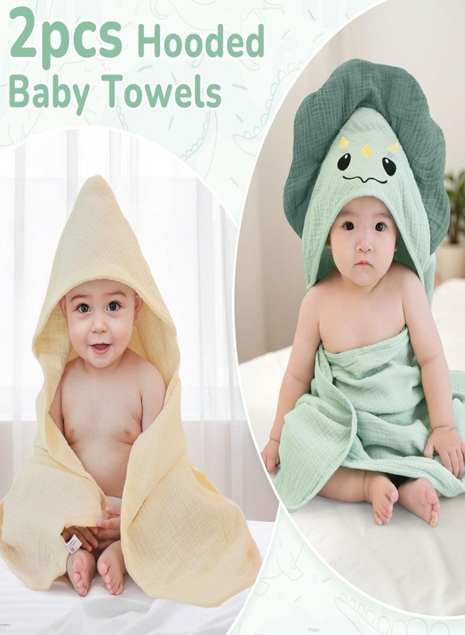 Unicorn Castle Hooded Baby Towels 2Pack 100% Muslin Baby Bath Towels for Newborn Animal Design Ultra-Soft Baby Girl Boy Bath Essentials 30 X 30 Inch,Green Dinosaur - Beige - Image 4