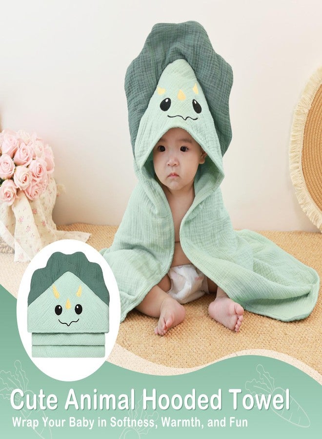 Unicorn Castle Hooded Baby Towels 2Pack 100% Muslin Baby Bath Towels for Newborn Animal Design Ultra-Soft Baby Girl Boy Bath Essentials 30 X 30 Inch,Green Dinosaur - Beige - Image 5