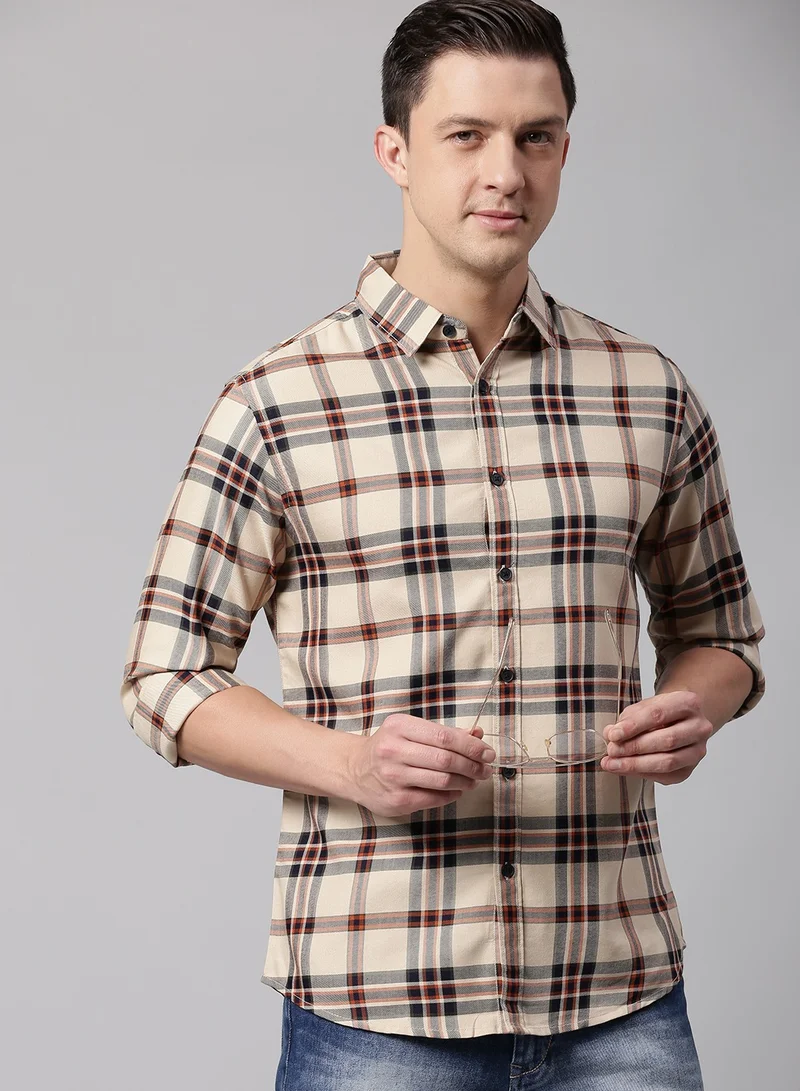 Dennis Lingo Men's Beige Slim Fit Cotton Casual Shirt