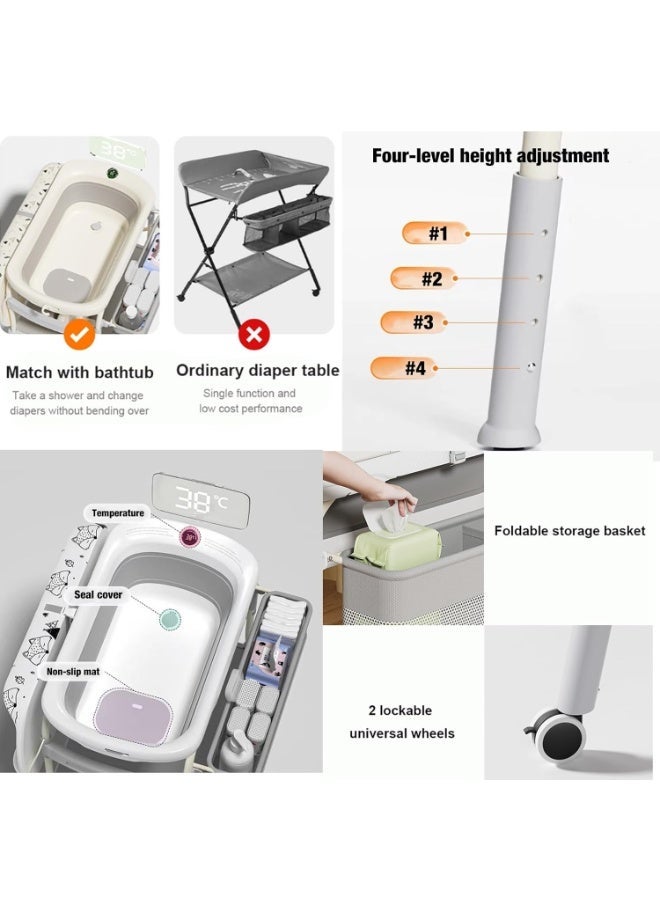 والالا حوض استحمام وطاولة تغيير حفاضات للأطفال 2 في 1، قابل للتعديل والطي، مزود بفرشة مقاومة للماء ورف تخزين وعجلات، وحوض استحمام مزود بميزان حرارة. - Image 5