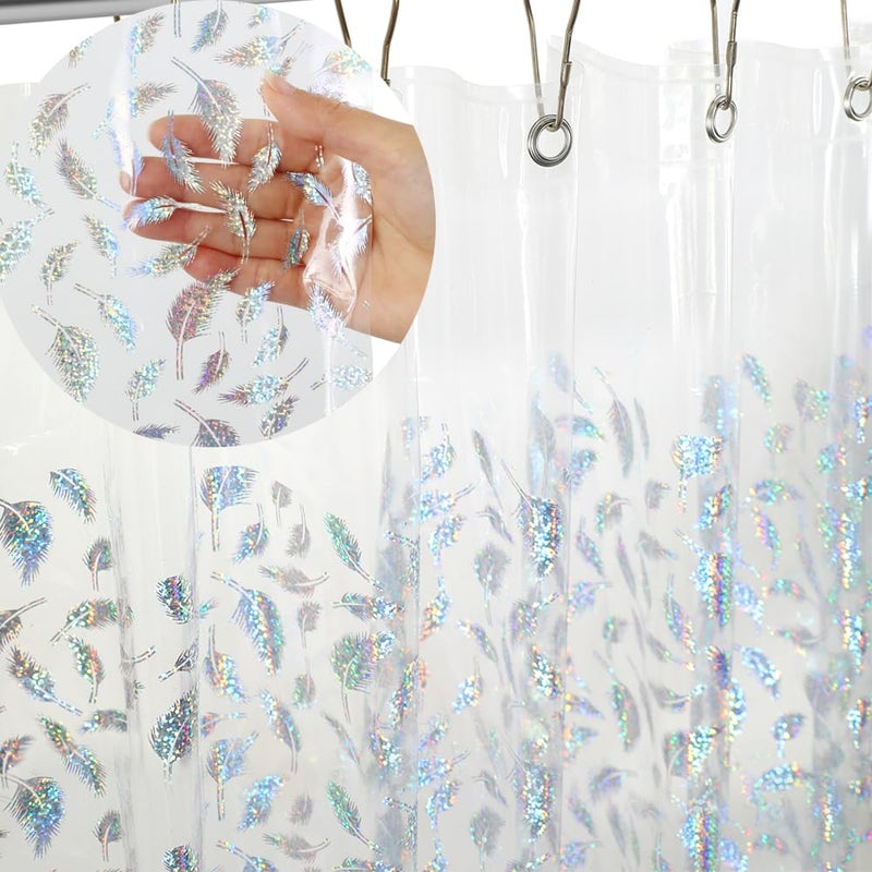 Ga-Geetopia Holographic 3D EVA Shower Curtain Liner Glitter Feather, 72x72 Premium Clear Plastic Bathroom Shower Curtain with Rustproof Metal Grommets for Shower Stall, Bathtubs - Image 1