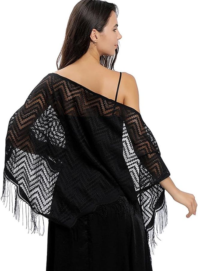 Black Triangle Lace Scarf Shawl with Tassels for Evening Dresses Weddings Formal Events - Image 1